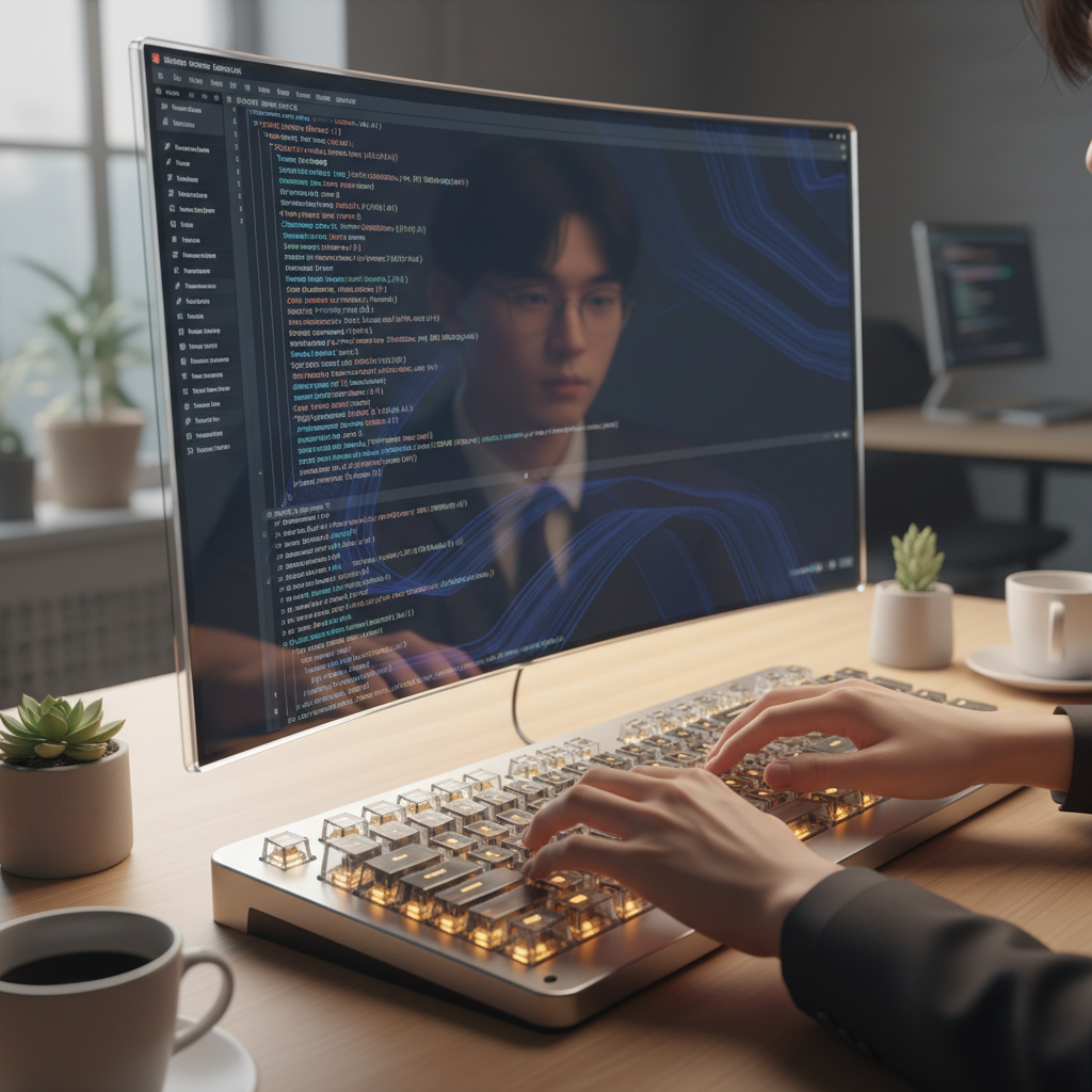 한국인 개발자가 2026년형 투명 OLED 모니터에서 JSON 스키마와 샘플 데이터를 코딩하는 모습