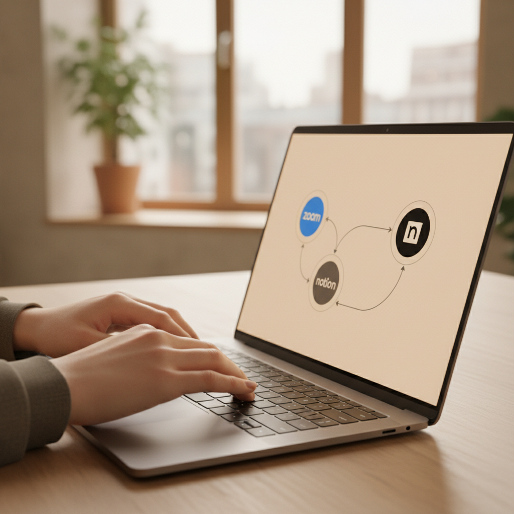 Zapier 인터페이스가 보이는 노트북 화면에서 화상 회의 자동화 워크플로우를 설정하는 한국인 손
