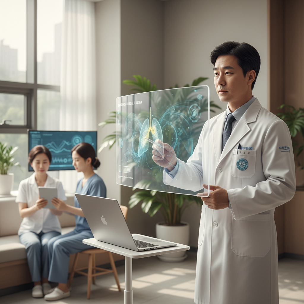 첨단 투명 디스플레이로 AI 기반 의료 영상을 검토하는 한국인 의사. 환자 프라이버시를 지키는 의료 AI 활용 사례