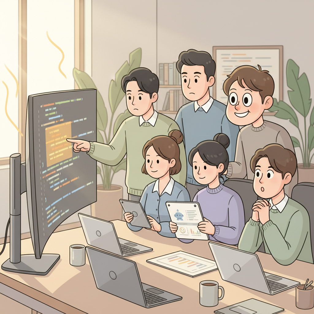 현대적인 사무실에서 한국인 개발자들이 모니터 화면의 코드 취약점과 AI 보안 보고서를 보며 협업하는 모습