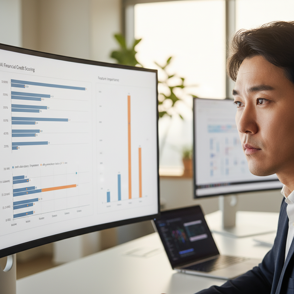 XAI SHAP 값을 분석하며 AI 모델의 금융 신용 점수 결정 과정을 이해하려는 전문가의 집중된 표정