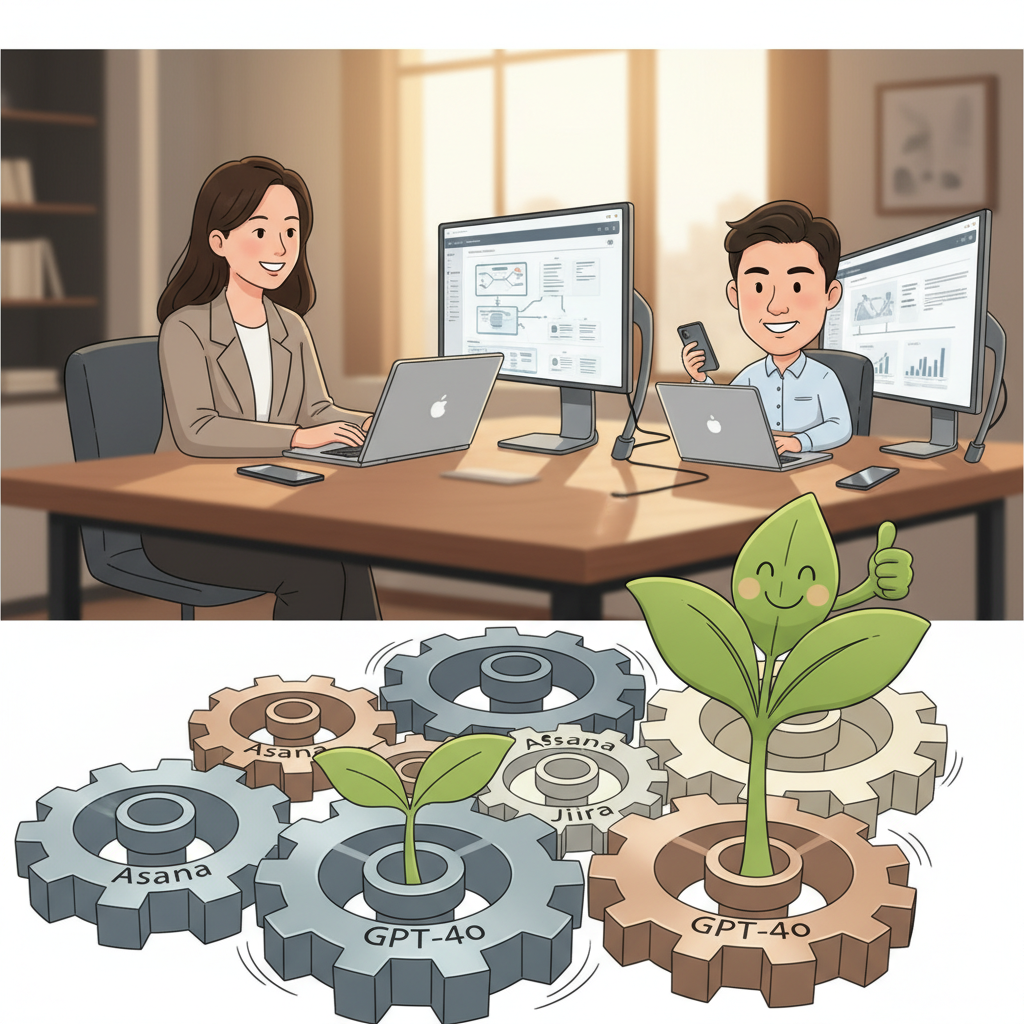 AI, Asana, Jira, GPT-4o 라벨이 붙은 톱니바퀴들이 서로 맞물려 돌아가는 추상적인 이미지. 톱니바퀴 사이로 초록색 새싹이 돋아나 자동화된 효율성과 성장을 상징한다.