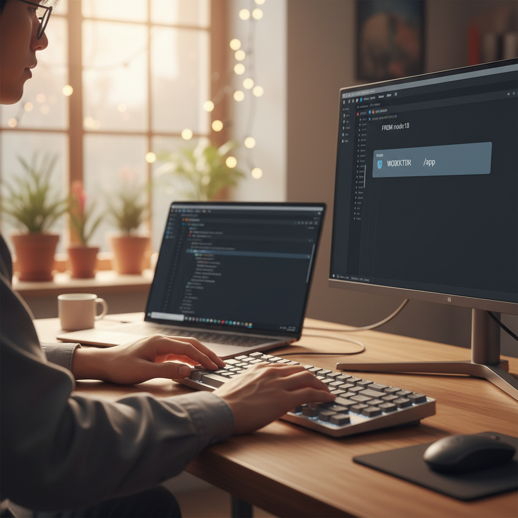 GitHub Copilot Workspace를 사용하여 Python Flask 애플리케이션용 Dockerfile을 생성하고 있는 한국인 개발자의 손과 화면