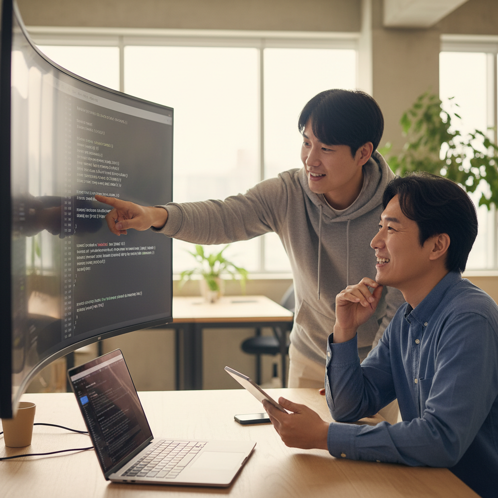 Claude Opus 4.7을 활용하여 Kubernetes Deployment 및 Service Manifest YAML 파일을 함께 검토하고 있는 두 명의 한국인 데브옵스 엔지니어