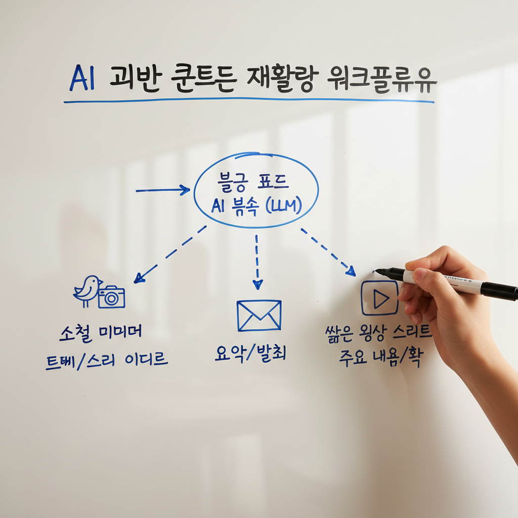 AI와 자동화 도구를 활용한 콘텐츠 리퍼포징 워크플로우 다이어그램이 그려진 화이트보드와 마커를 든 한국인 손