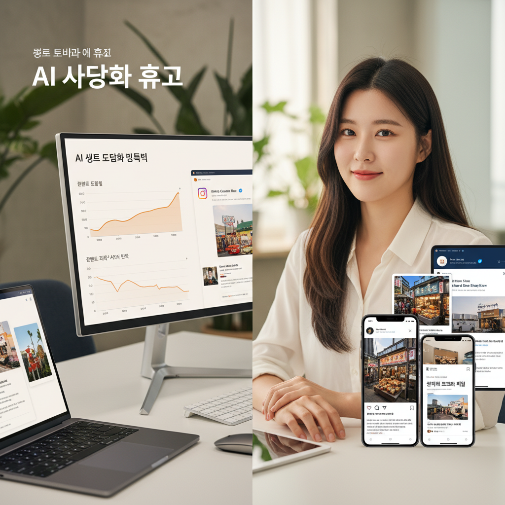콘텐츠 도달률 증가와 제작 시간 감소를 보여주는 대시보드와 AI로 생성된 인스타그램, X, 뉴스레터 콘텐츠 스니펫 콜라주