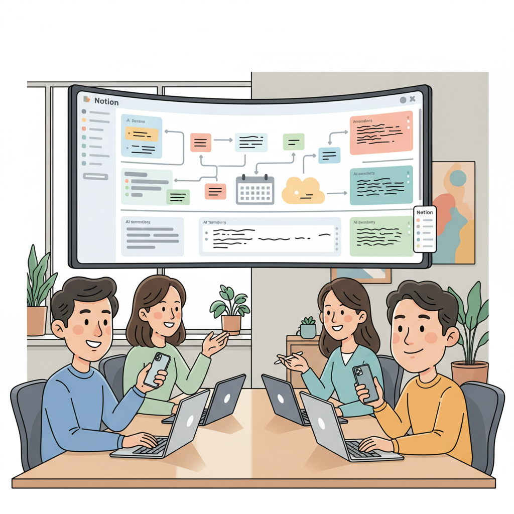 한국인 팀원들이 노션 대시보드를 보며 협업하는 모습, AI가 생성한 요약과 프로젝트 관리 화면이 보임