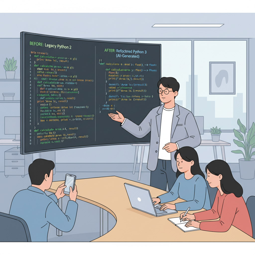 한국인 개발자가 대형 디스플레이에 AI로 리팩토링된 Python 코드와 레거시 코드를 비교하며 팀원들에게 설명하는 모습
