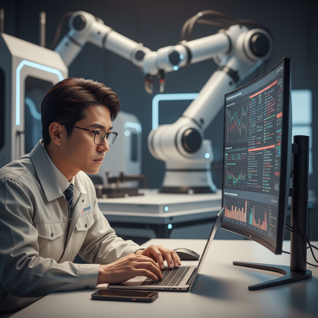 스마트 팩토리에서 실시간 센서 데이터를 분석하며 엣지 AI 시스템을 모니터링하는 한국인 엔지니어의 모습