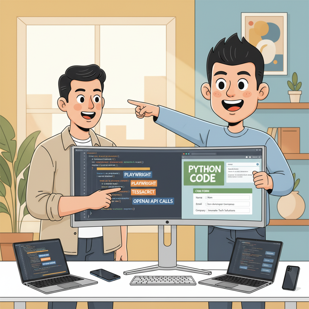 파이썬 코드와 웹 CRM 양식을 모니터에 띄워두고 웹 자동화 워크플로우를 설명하는 한국인 개발자
