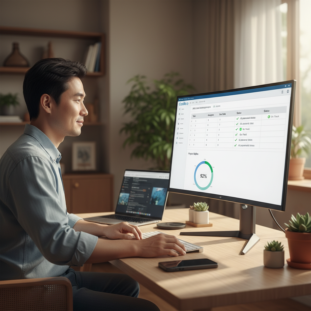 Coda AI 대시보드를 보며 AI가 자동 생성한 프로젝트 관리 현황을 확인하는 한국인 남성 사업가