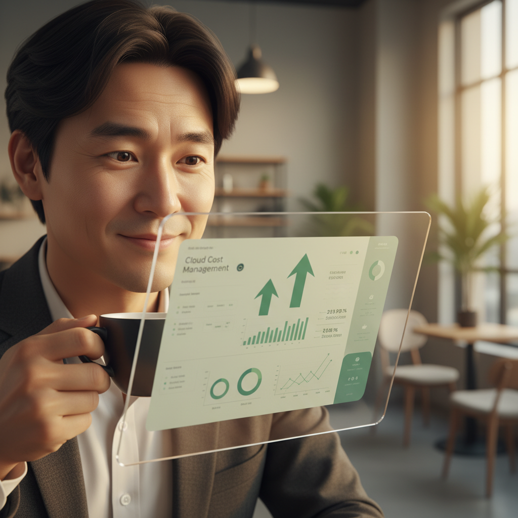 AI 기반 클라우드 비용 최적화 대시보드를 보며 긍정적인 표정을 짓는 한국인 사업가