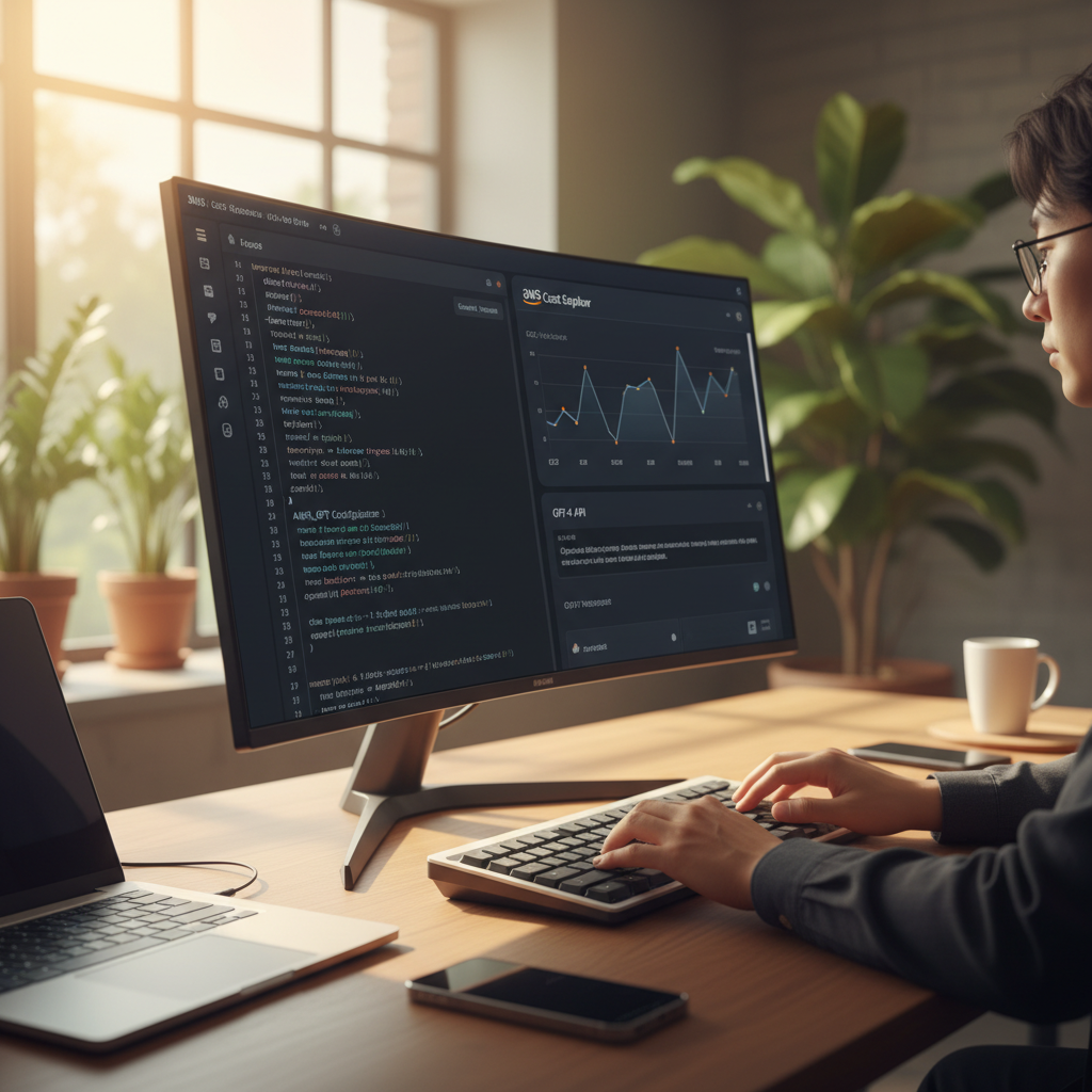 AWS Cost Explorer 데이터와 GPT-4 API 응답이 보이는 모니터 앞에서 파이썬 코드를 입력하는 한국인 개발자의 손