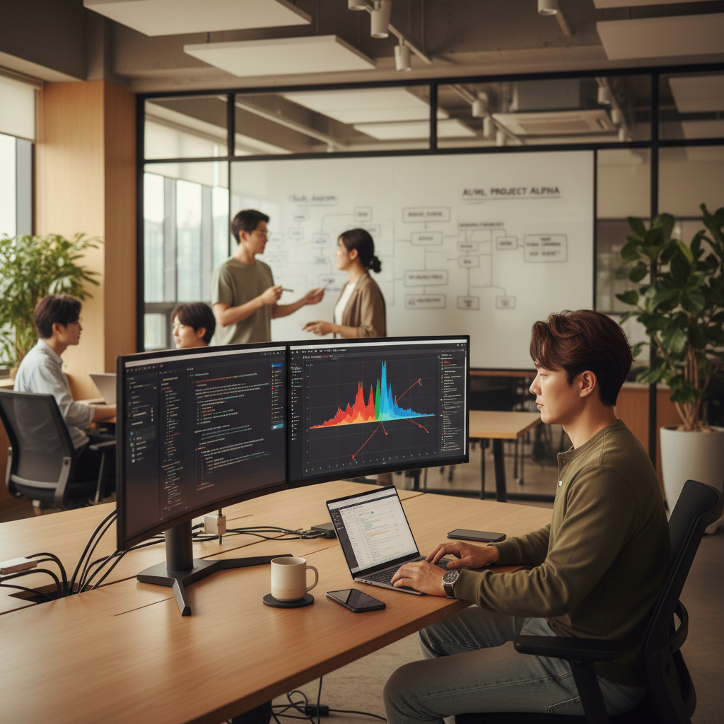 Python 코드로 SHAP 출력을 시각화하며 작업하는 한국인 개발자와 배경의 협업 환경