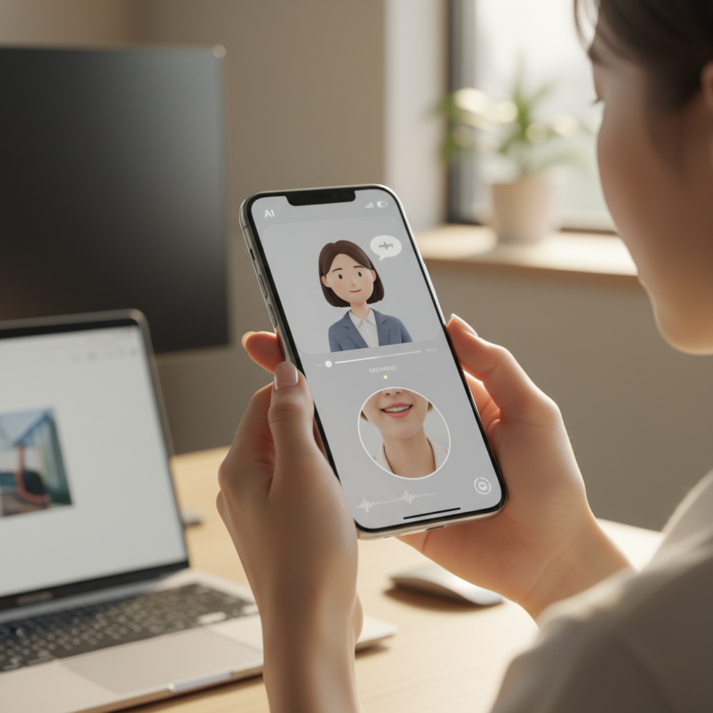 AI 기반 사전 인터뷰를 진행하는 한국인 지원자의 손과 스마트폰 화면