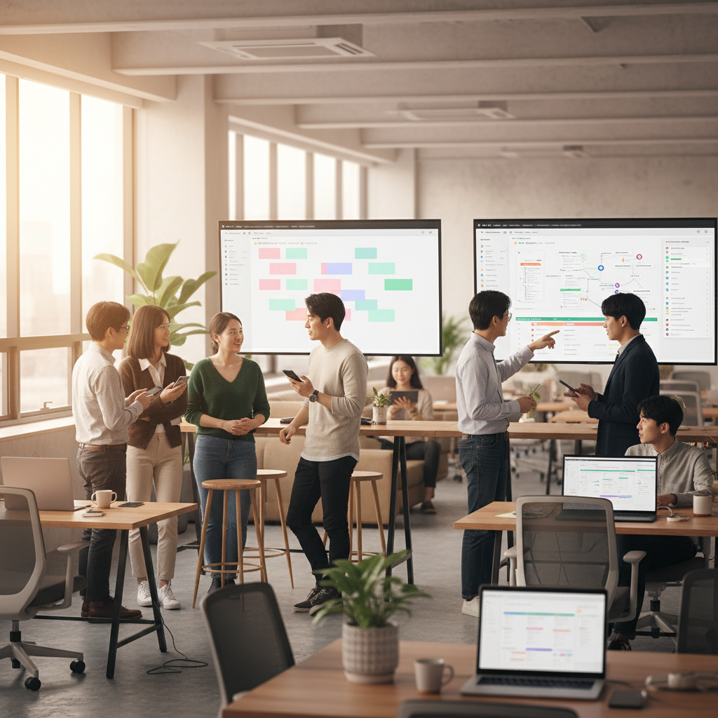 AI 프로젝트 관리 도구(ClickUp AI, Monday.com AI, Jira Product Discovery)를 활용하여 협업하는 한국인 팀원들이 있는 현대적인 스타트업 사무실 전경