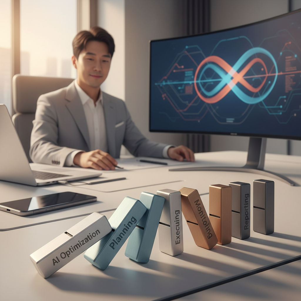 AI 최적화가 프로젝트 관리 프로세스(계획, 실행, 모니터링, 보고) 전반에 걸쳐 효율성을 촉진하는 도미노 효과를 상징하는 이미지