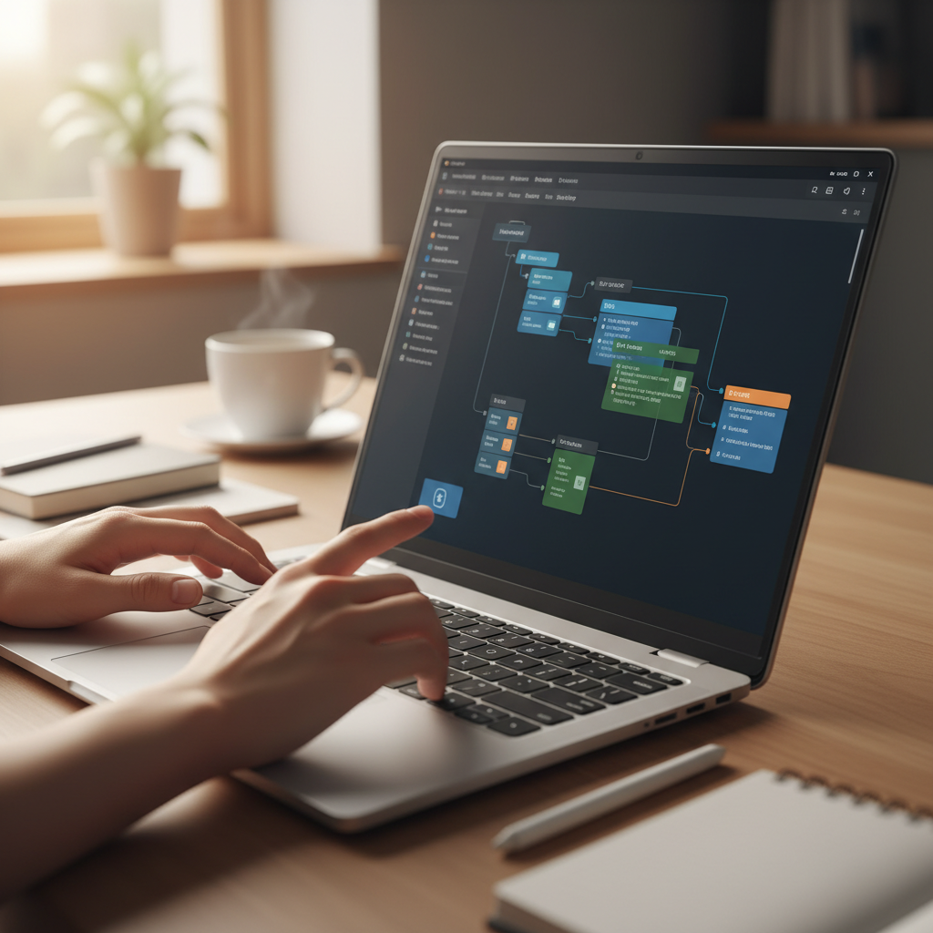 Power Automate Desktop 인터페이스에서 웹 데이터 자동화 플로우를 설정하는 한국인 손 클로즈업