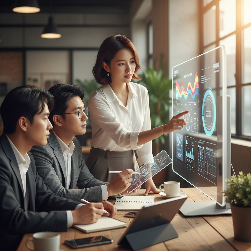 AI HR 자동화 솔루션 대시보드를 보며 협업하는 한국인 팀원들