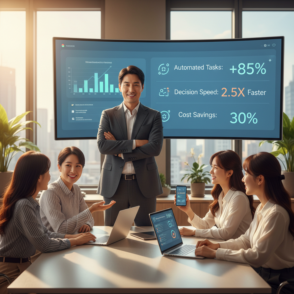 AI 자동화로 인한 성과 지표(자동화된 작업, 의사결정 속도, 비용 절감)가 표시된 대시보드를 설명하는 한국인 프로젝트 매니저와 팀원들