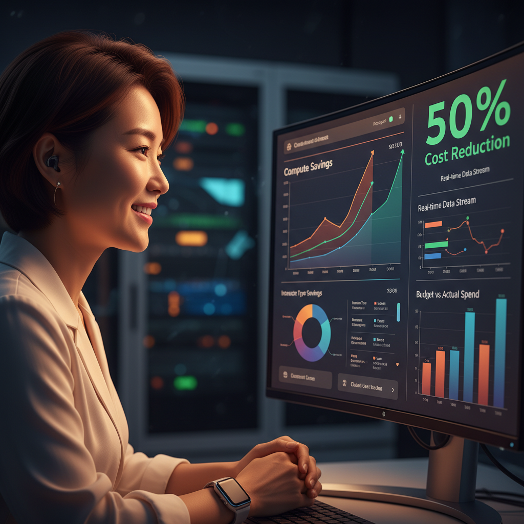 AI 기반 클라우드 비용 50% 절감 대시보드를 보며 미소 짓는 한국인 FinOps 전문가