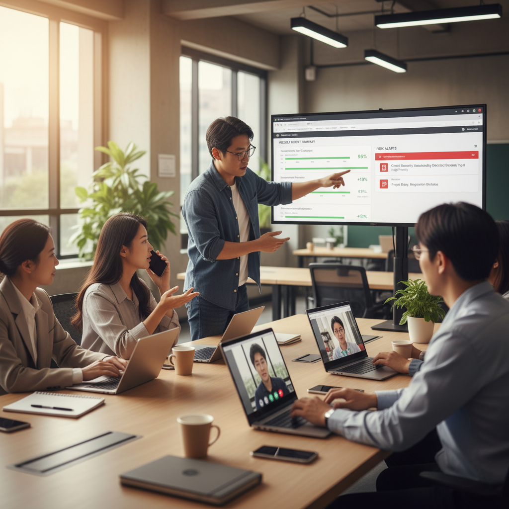 Jira 대시보드의 자동화된 보고서와 리스크 알림을 보며 화상회의 중인 한국인 팀원들