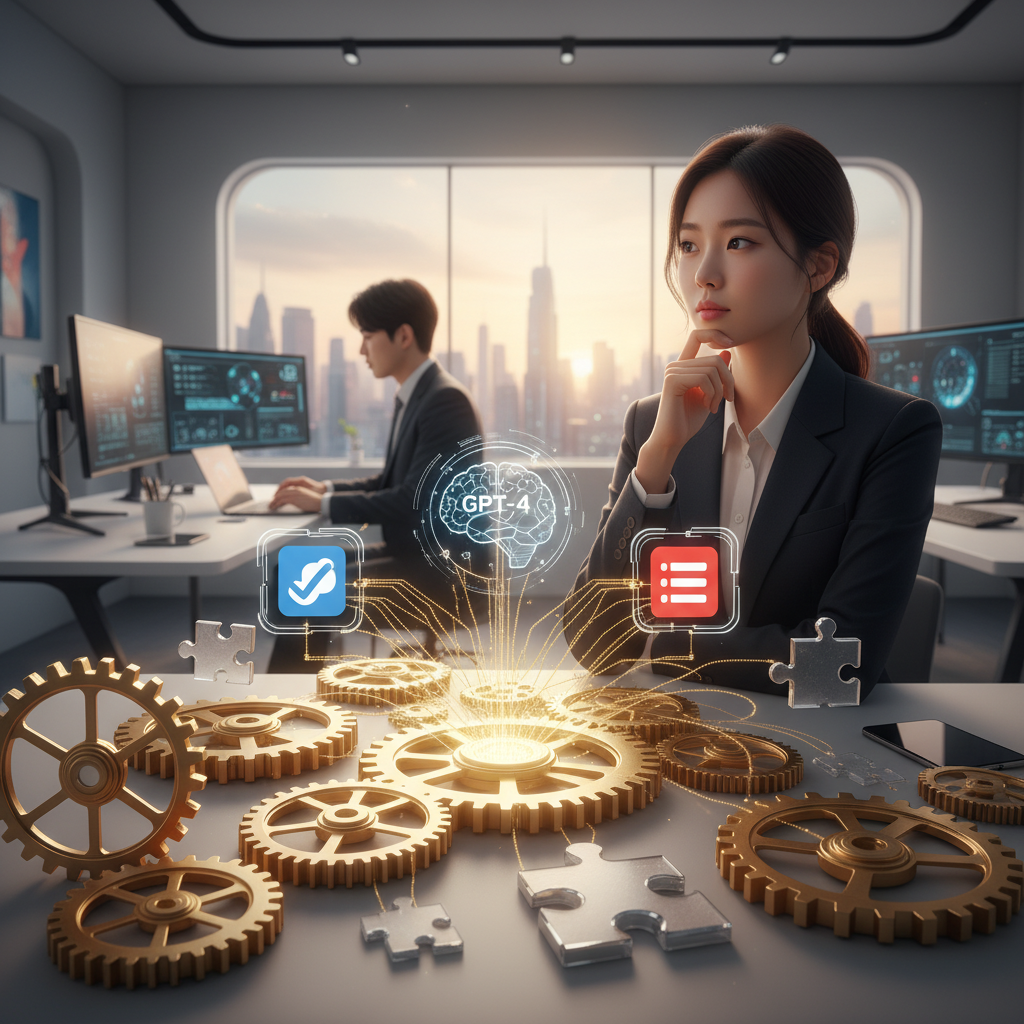 Jira, Trello, GPT-4 아이콘이 연결된 기어와 퍼즐 조각으로 표현된 AI 기반 프로젝트 관리 자동화의 추상적인 이미지