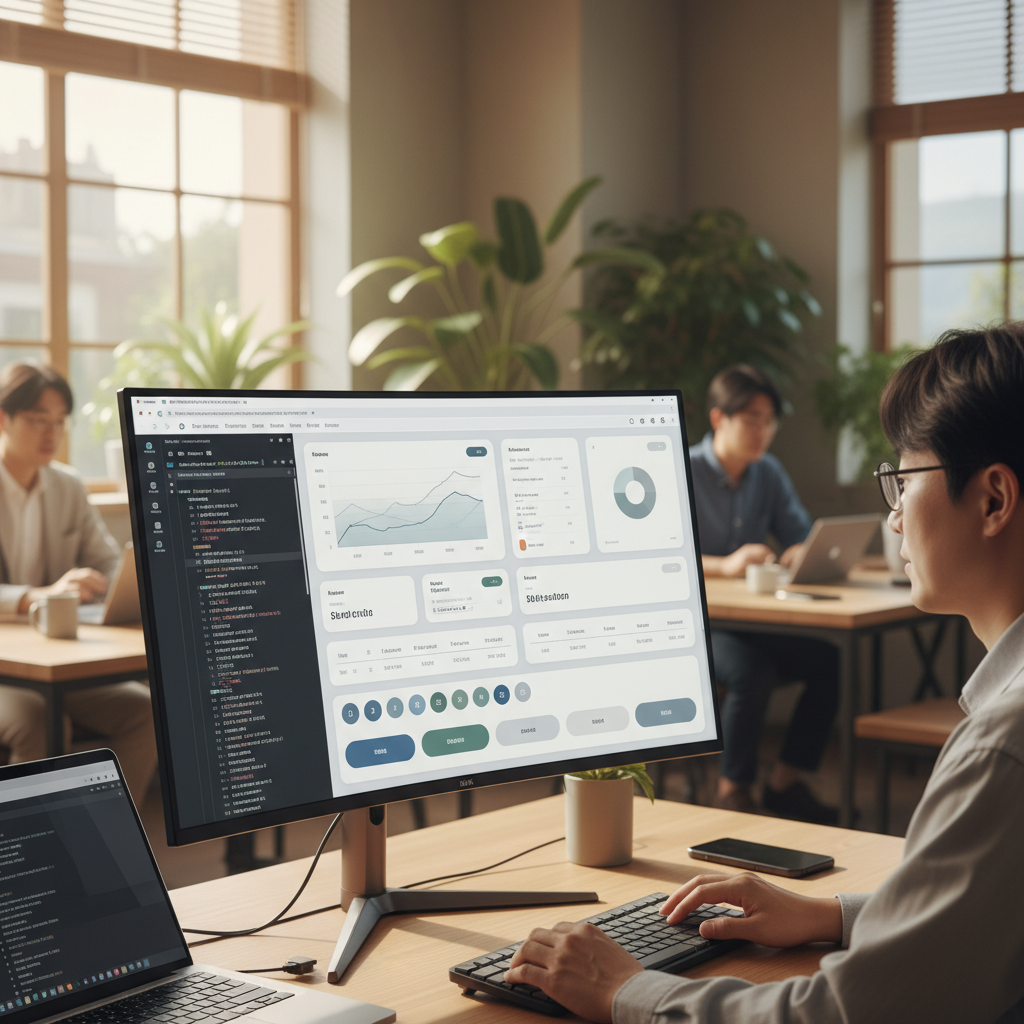 Shadcn UI 컴포넌트로 구성된 Next.js 대시보드와 AI 생성 코드가 보이는 화면
