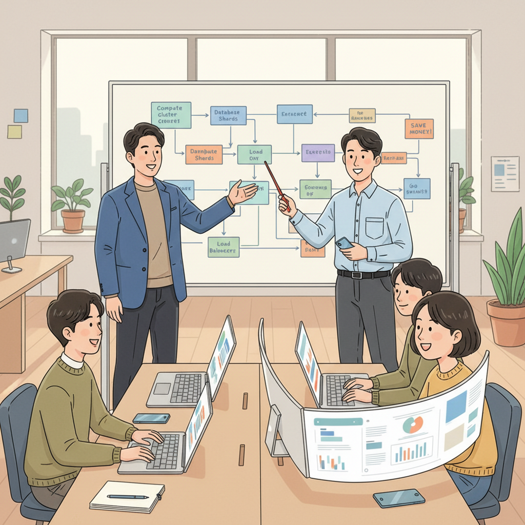 한국인 클라우드 아키텍트가 화이트보드에 클라우드 아키텍처 다이어그램을 그리며 비용 최적화 전략을 설명하는 모습