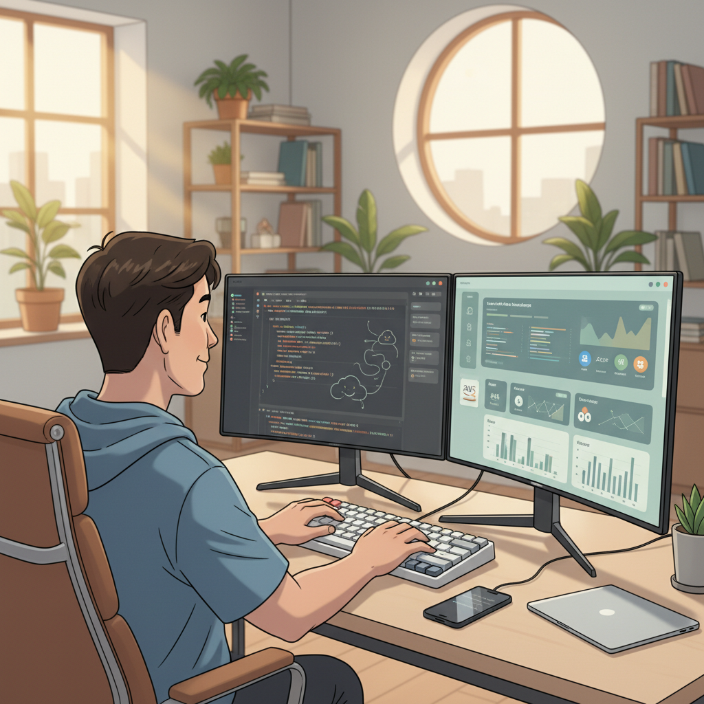 한국인 개발자가 AWS, Azure, GCP 클라우드 콘솔과 Python 코드를 여러 모니터에서 동시에 작업하며 클라우드 비용 최적화를 자동화하는 모습
