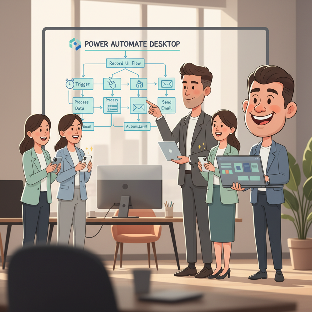 Power Automate Desktop을 활용한 자동화 워크플로우를 화이트보드에 그리며 브레인스토밍하는 한국인 팀원들