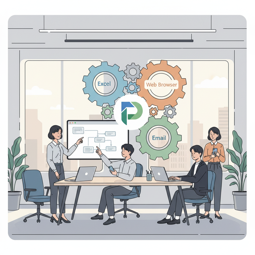 Power Automate Desktop 아이콘을 중심으로 엑셀, 웹 브라우저, 이메일 등이 맞물려 돌아가는 기어 형태의 업무 자동화 개념 이미지