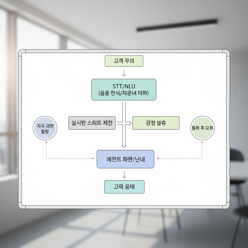 AI 고객센터 상담원 지원 시스템의 핵심 워크플로우를 보여주는 화이트보드 다이어그램