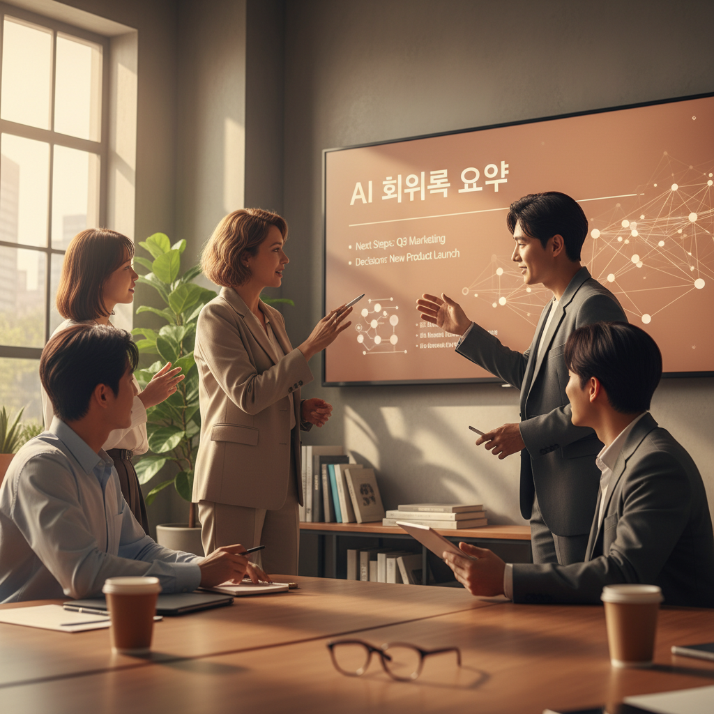 AI 회의록 요약이 표시된 디지털 화이트보드 앞에서 활발하게 브레인스토밍하는 한국인 비즈니스 팀