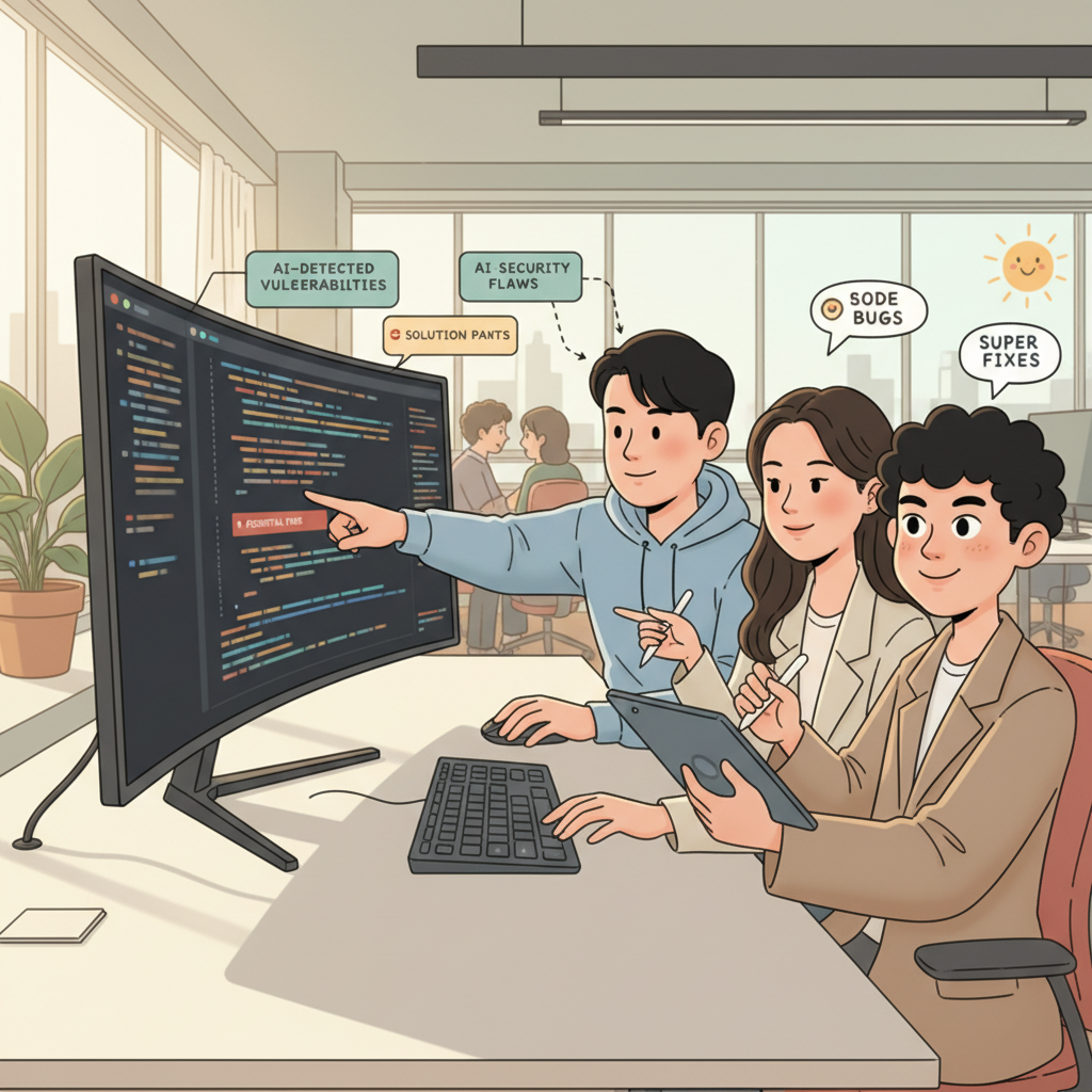두 명의 한국인 개발자가 대형 모니터 앞에서 AI가 탐지한 소스코드 취약점을 함께 검토하며 협업하는 모습.