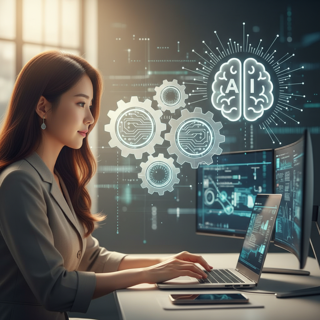 RPA 기어와 AI 뇌 아이콘이 매끄럽게 연결되어 지능형 자동화를 상징하는 추상적인 이미지