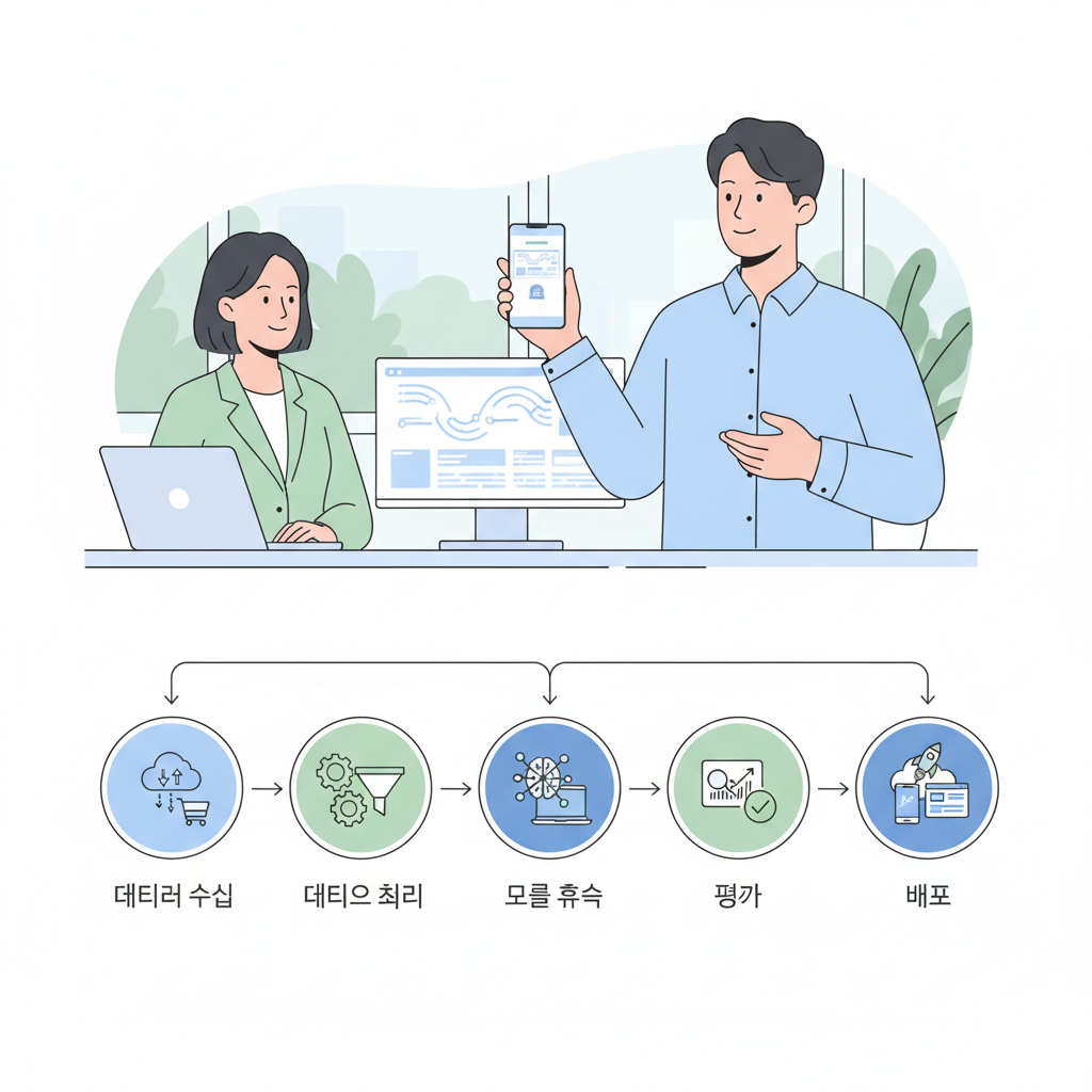 이커머스 AI 개인화 추천 시스템 5단계 구축 과정을 보여주는 깔끔한 다이어그램