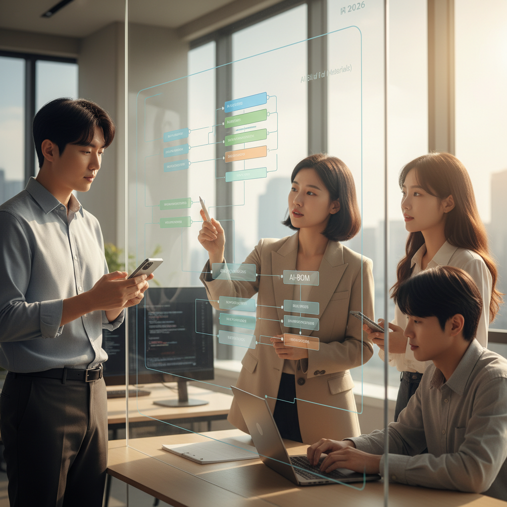 투명한 스크린에 표시된 AI-BOM 다이어그램을 보며 AI 소프트웨어 구성 요소를 논의하는 한국인 팀원들