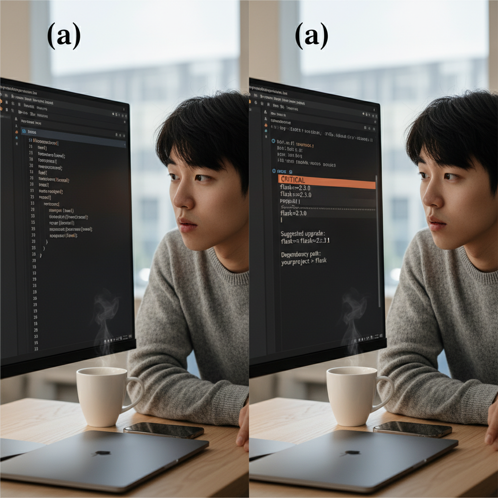 통합 개발 환경(IDE)과 Snyk CLI 터미널 출력 화면에서 취약점 정보를 확인하는 한국인 개발자
