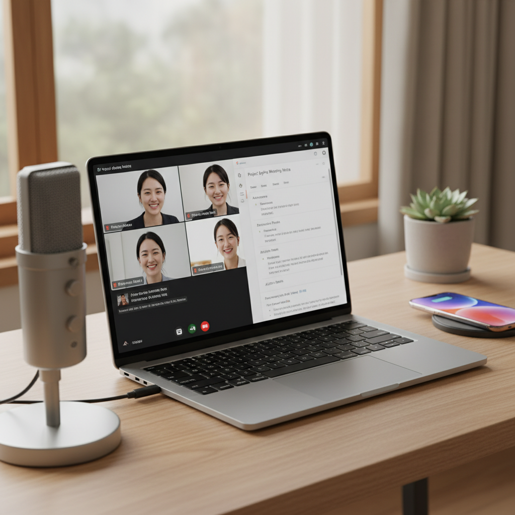 Google Meet 실시간 자막과 자동 생성된 회의록이 보이는 2026년형 노트북