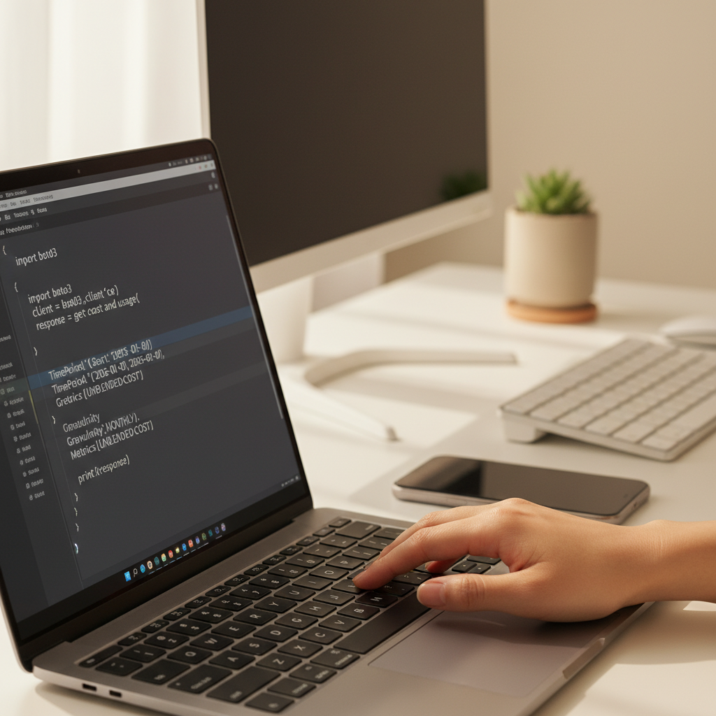 AWS 비용 분석 Python 코드가 실행 중인 2026년형 노트북 화면