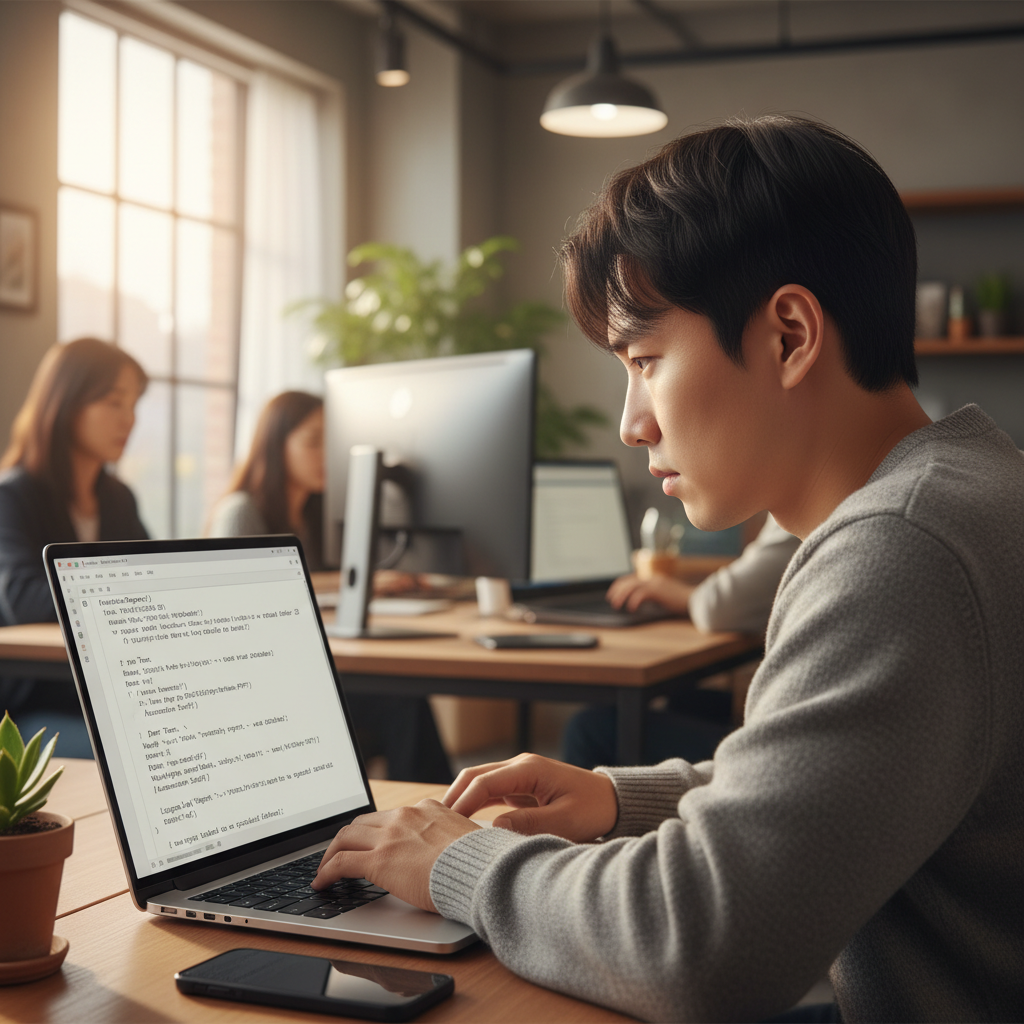 Google Apps Script 코드를 작성하는 한국인 개발자가 집중하고 있는 모습. 화면에는 이메일 자동 발송 스크립트가 보임