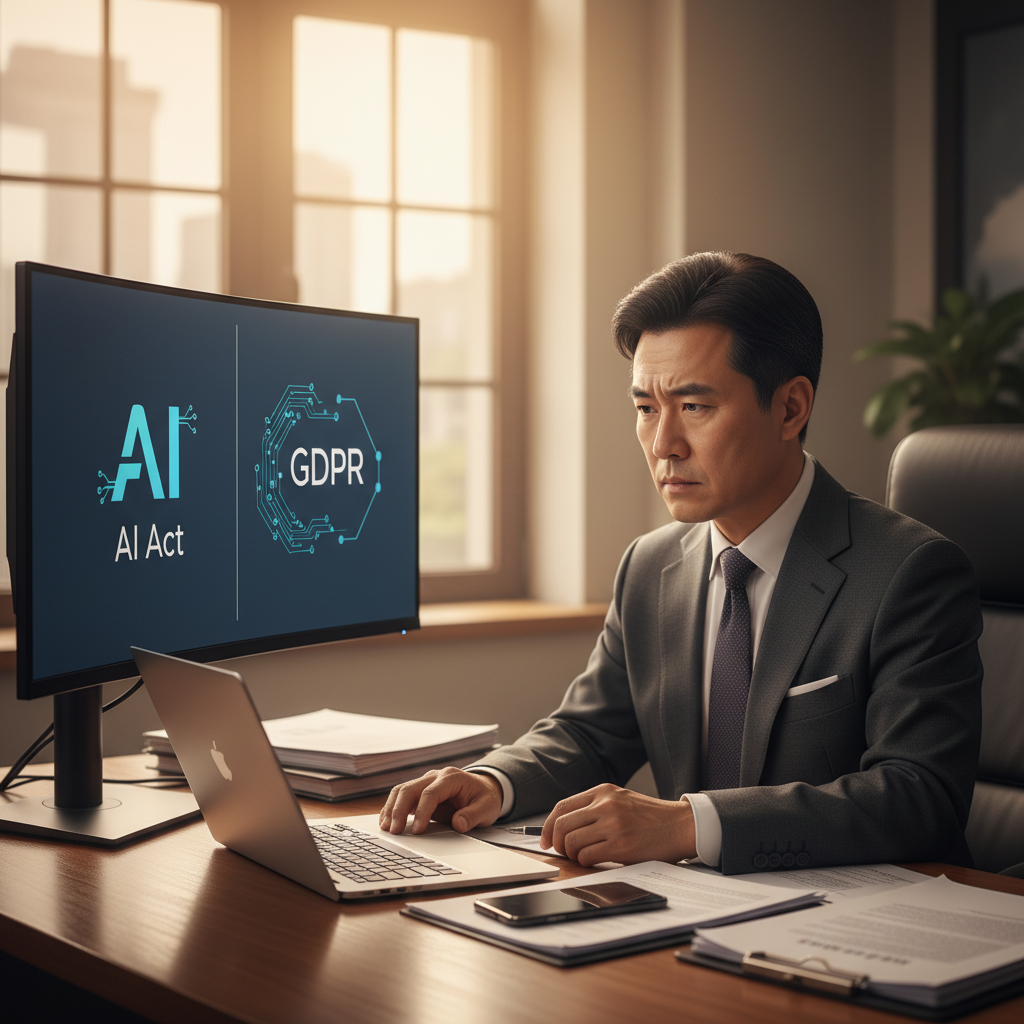 유럽연합 AI Act 및 GDPR 규제 문서가 보이는 화면을 검토하는 한국인 변호사
