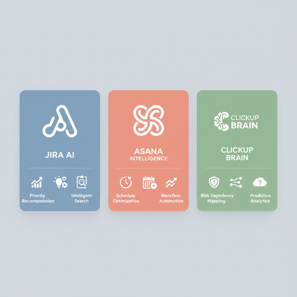 Jira AI, Asana Intelligence, ClickUp Brain의 핵심 AI 기능과 장점을 시각적으로 비교한 카드 형태의 일러스트