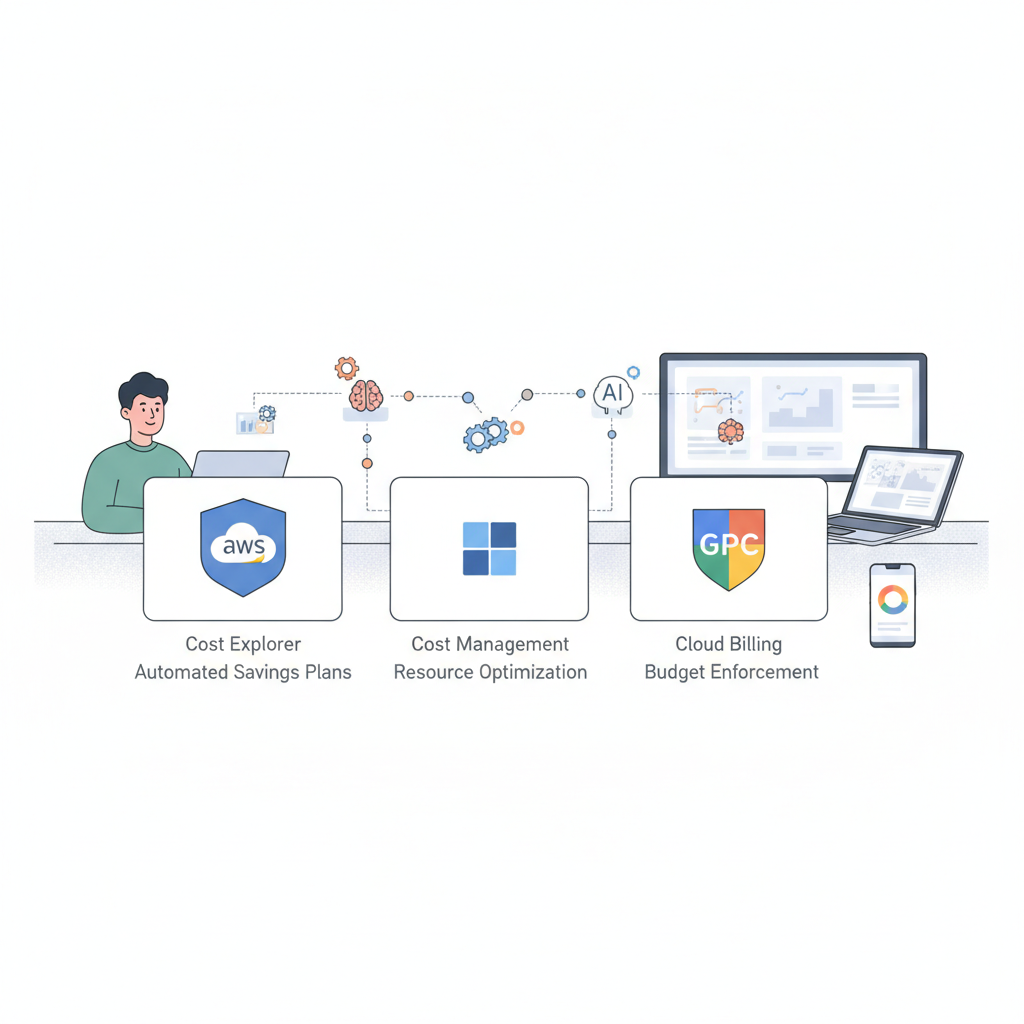 AWS, Azure, GCP 각 클라우드 플랫폼별 FinOps 자동화 전략 비교 일러스트
