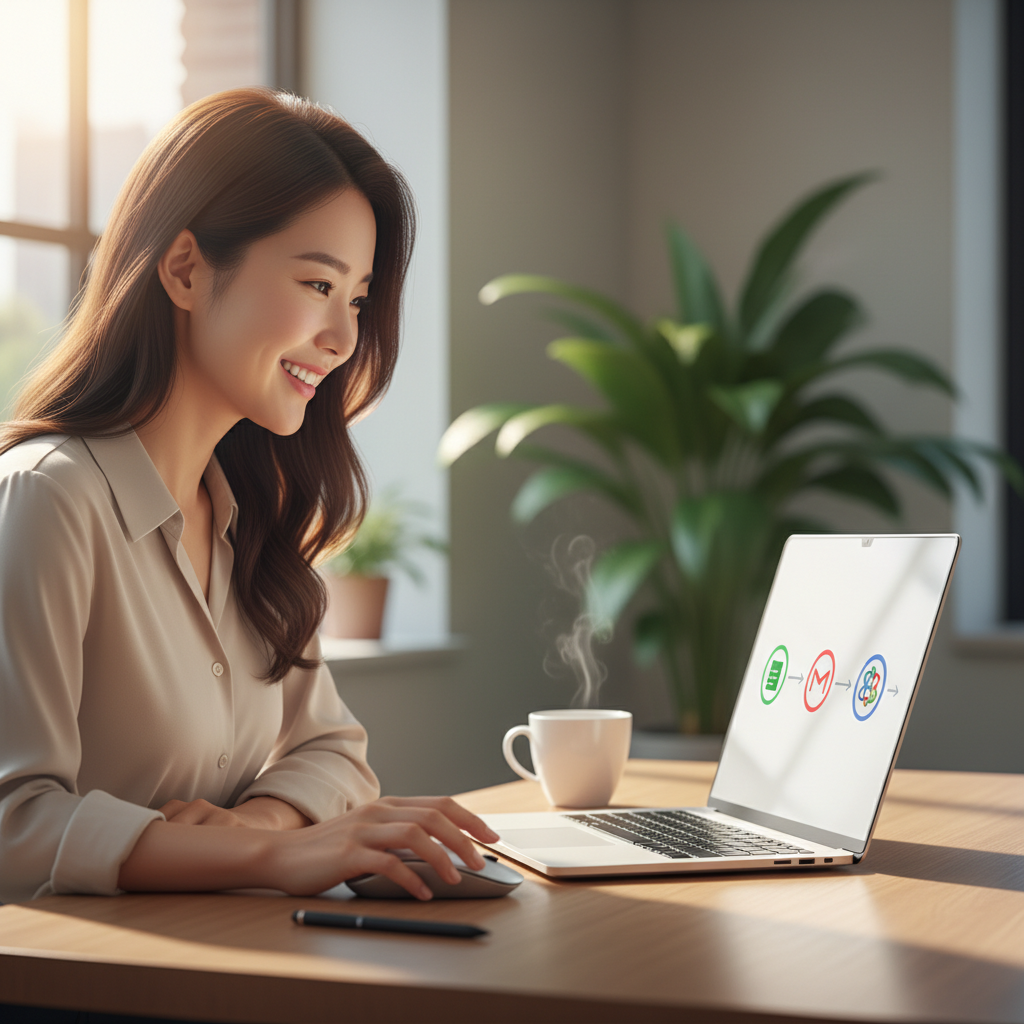 노트북으로 Zapier/Make 워크플로우를 설정하며 업무를 자동화하는 한국인 직장인