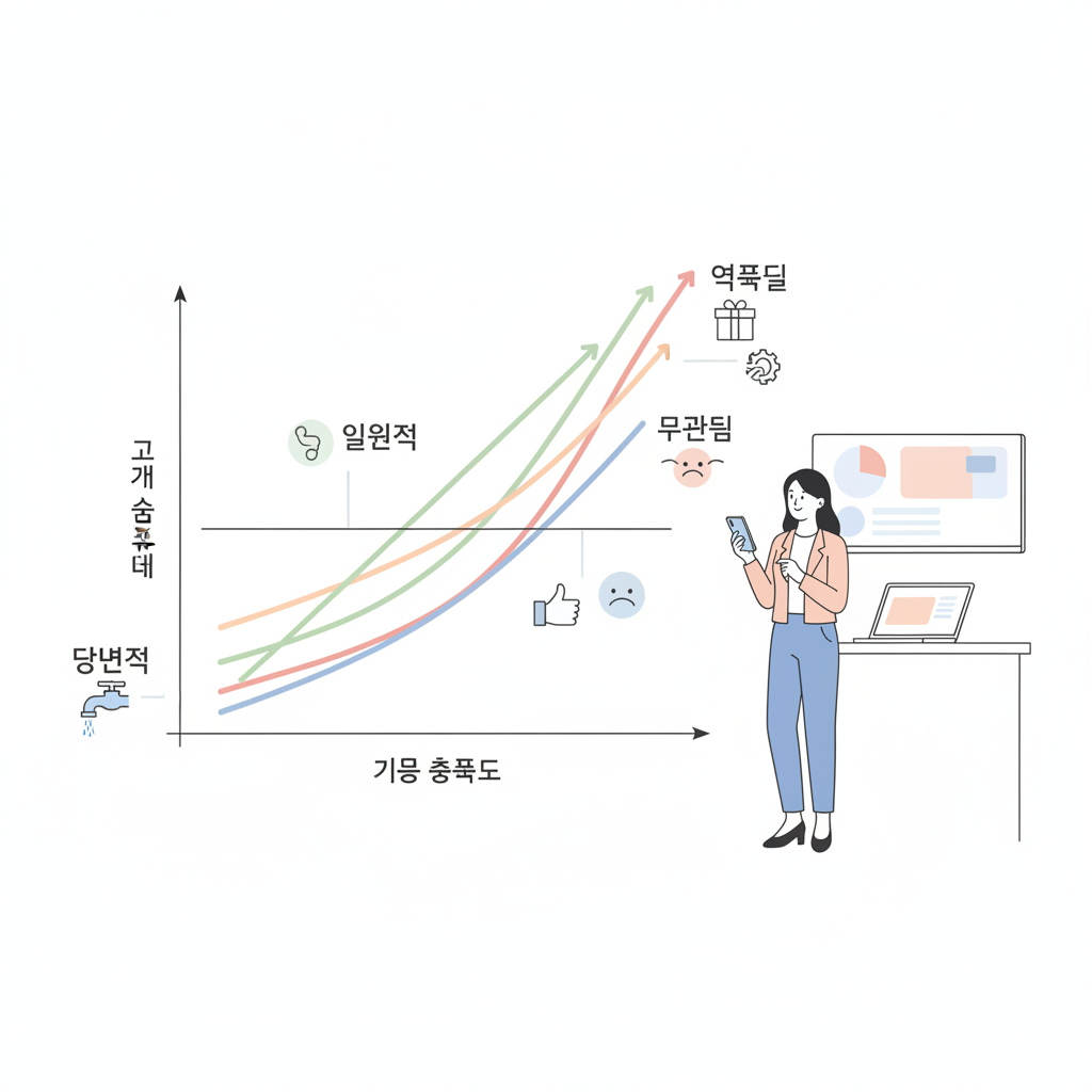 고객 만족도와 기능 충족도에 따른 KANO 모델 5가지 품질 유형 그래프 다이어그램
