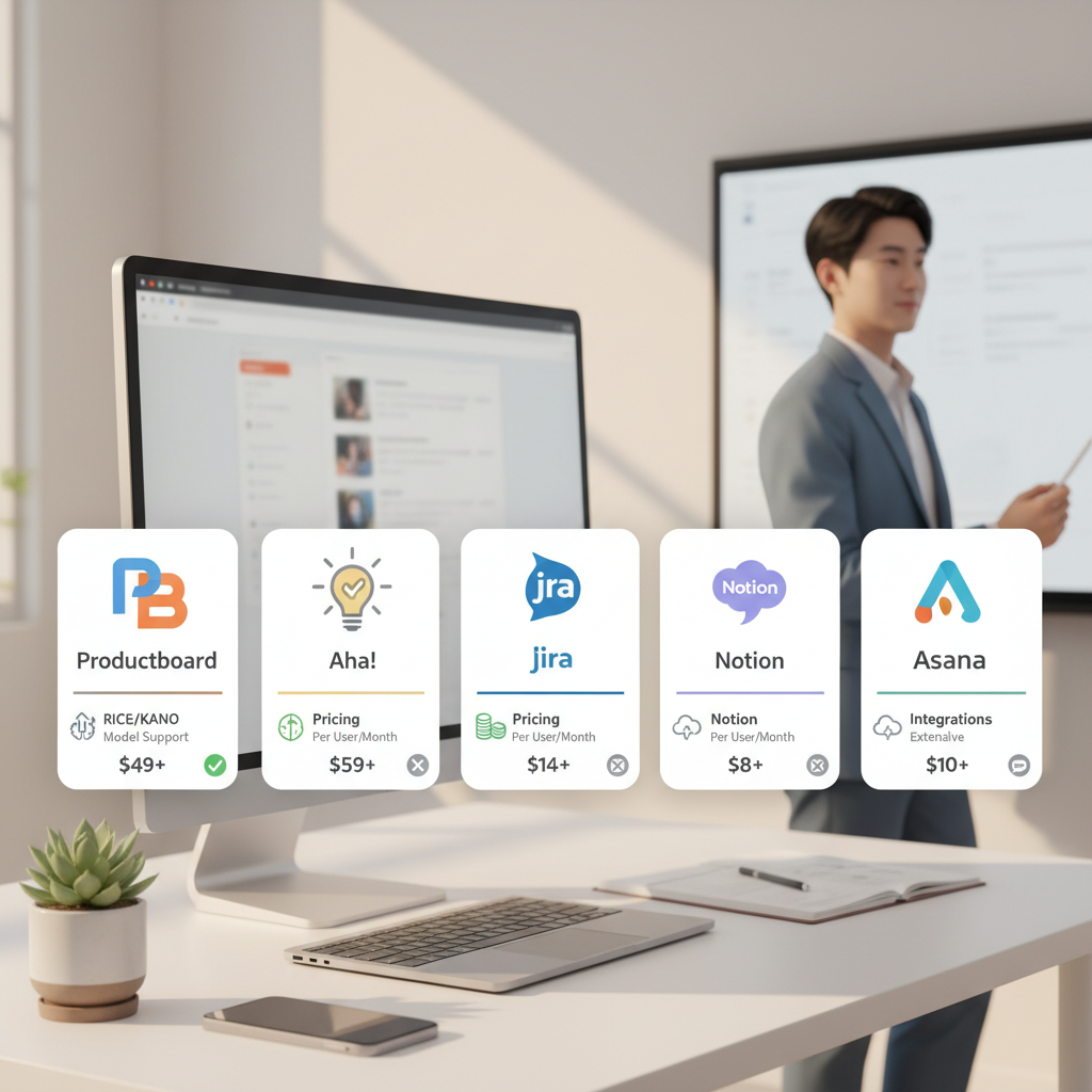Productboard, Aha!, Jira, Notion, Asana 등 5가지 제품 기능 우선순위 관리 툴 로고와 비교 특징을 담은 인포그래픽