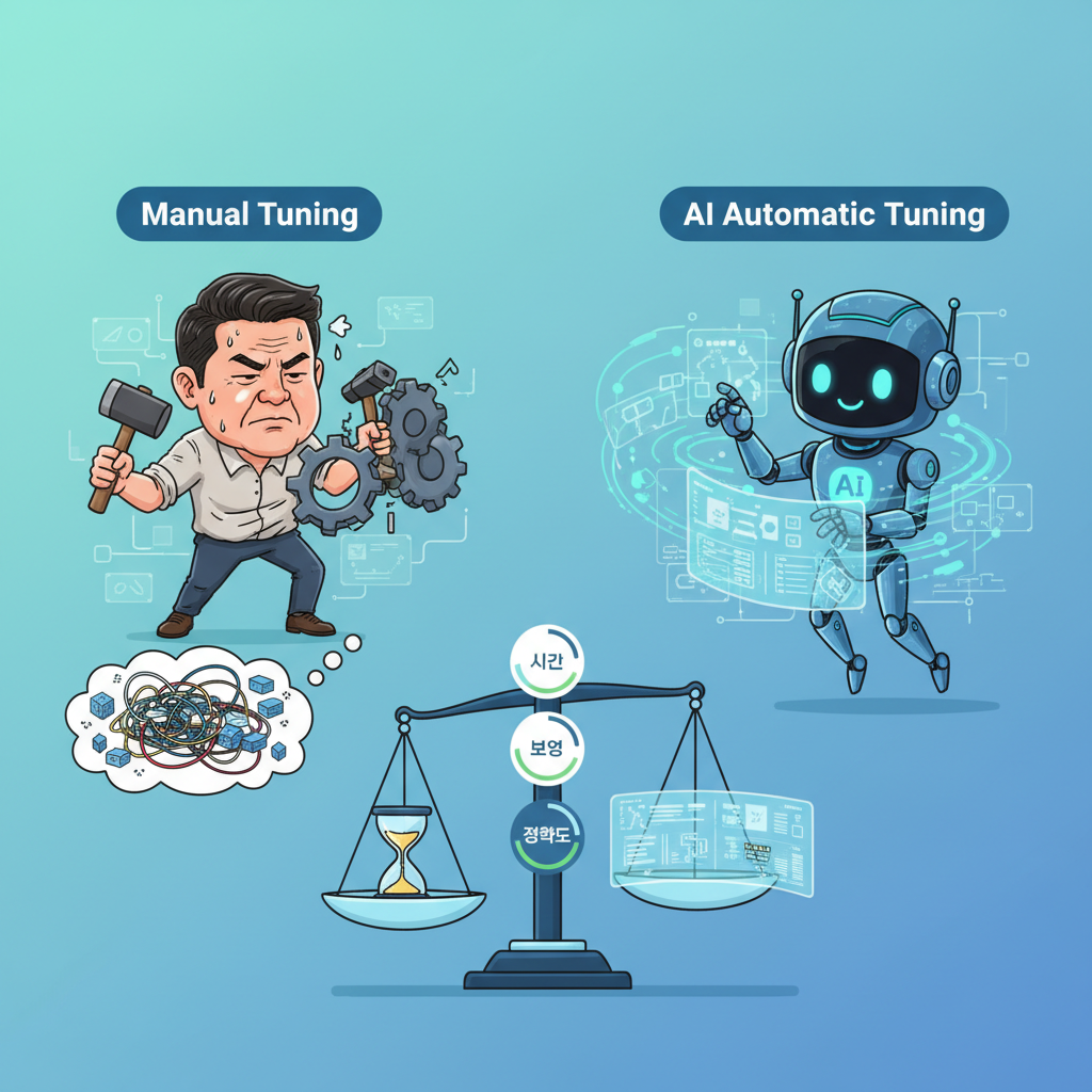 수동 데이터베이스 튜닝과 AI 기반 자동 튜닝의 효율성 및 비용 비교 다이어그램