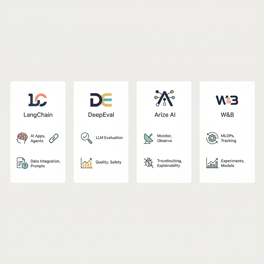 LLM 애플리케이션 품질 평가를 위한 주요 도구인 LangChain Evaluation, DeepEval, Arize AI, Weights & Biases의 특징 비교 카드